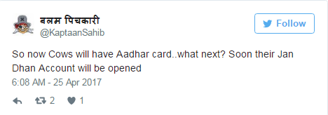 twitter reacts on adhaar for cattle